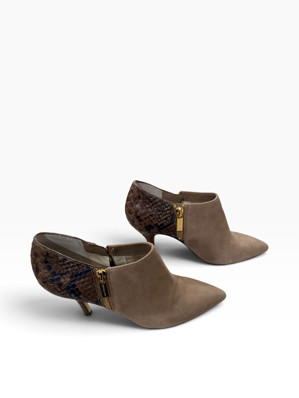 Michael Kors Clara Python Suede Ankle Booties Taupe Brown Gold Zip Size 8M
